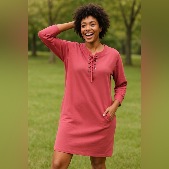Woman Within 2X Pink Lace-Up Shift Dress Pockets 3/4 Sleeve Plus Size 26W/28W - Picture 4 of 13